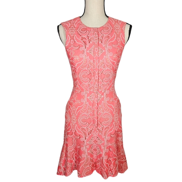 BCBG MaxAzria "Chrystal" Flounce Hem Lace Dress, Pink Coral, Size 0, NWOT - Picture 1 of 16